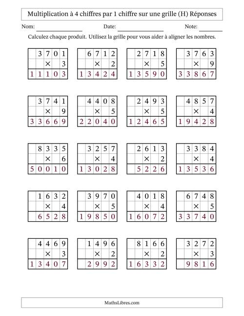 Multiplication à 4 chiffres par 1 chiffre avec le support d'une grille (H) page 2