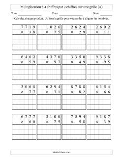 Multiplication à 4 chiffres par 2 chiffres avec le support d'une grille