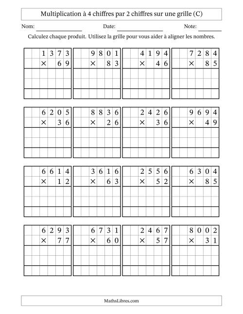 Multiplication à 4 chiffres par 2 chiffres avec le support d'une grille (C)