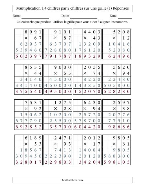 Multiplication à 4 chiffres par 2 chiffres avec le support d'une grille (J) page 2