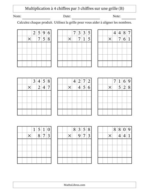 Multiplication à 4 chiffres par 3 chiffres avec le support d'une grille (B)