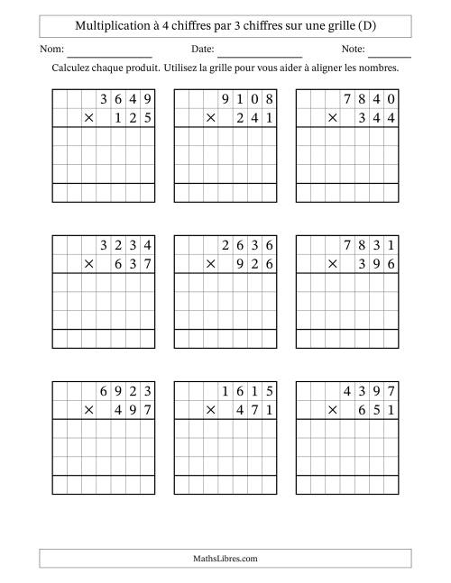 Multiplication à 4 chiffres par 3 chiffres avec le support d'une grille (D)
