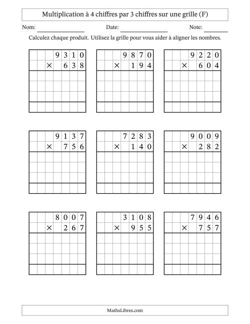 Multiplication à 4 chiffres par 3 chiffres avec le support d'une grille (F)