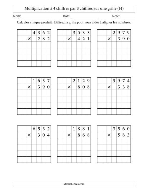 Multiplication à 4 chiffres par 3 chiffres avec le support d'une grille (H)