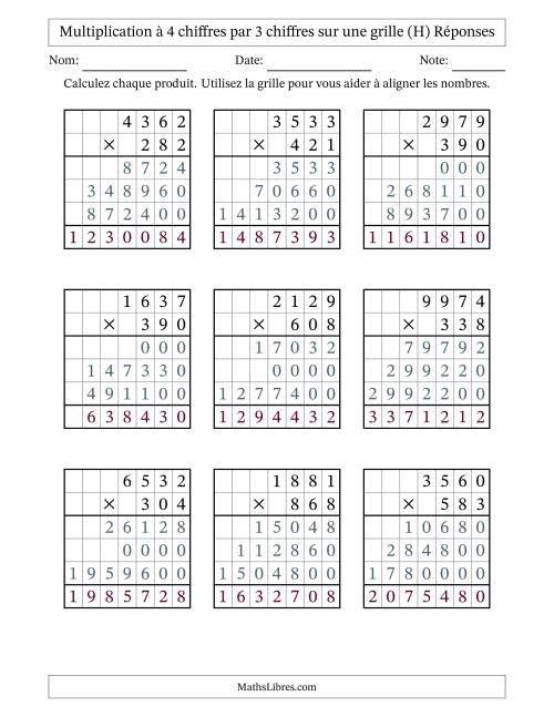 Multiplication à 4 chiffres par 3 chiffres avec le support d'une grille (H) page 2