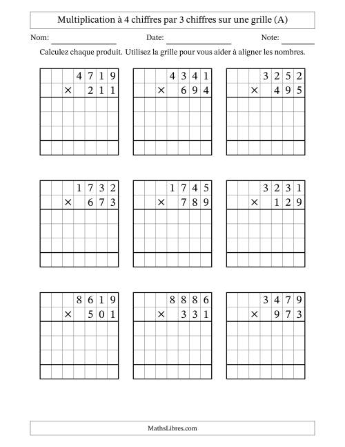 Multiplication à 4 chiffres par 3 chiffres avec le support d'une grille (Tout)