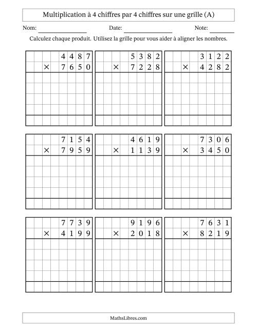 Multiplication à 4 chiffres par 4 chiffres avec le support d'une grille (A)