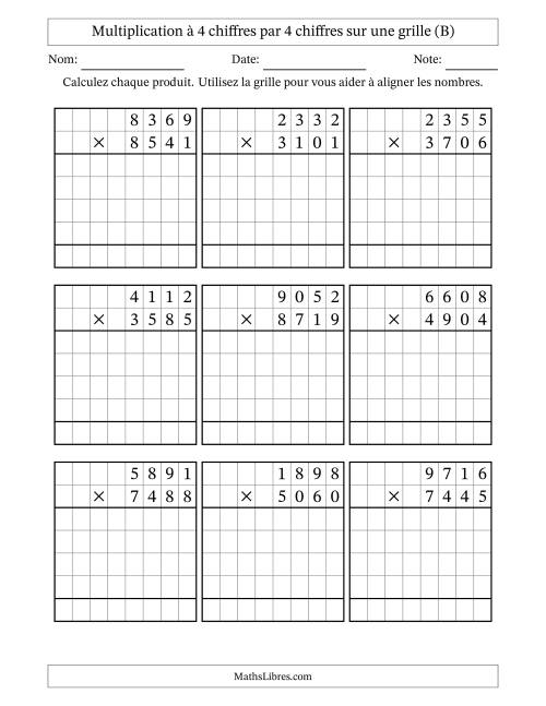 Multiplication à 4 chiffres par 4 chiffres avec le support d'une grille (B)