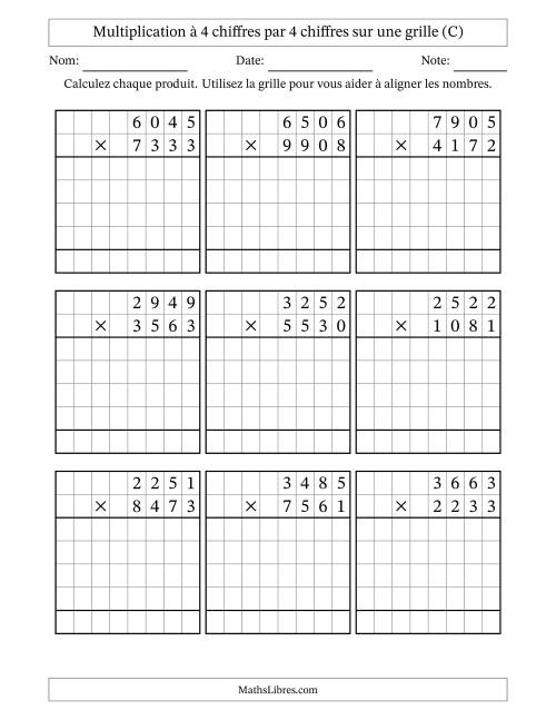 Multiplication à 4 chiffres par 4 chiffres avec le support d'une grille (C)
