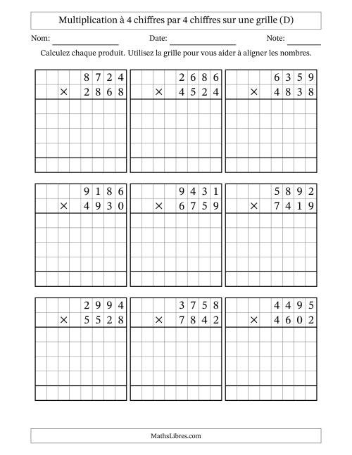 Multiplication à 4 chiffres par 4 chiffres avec le support d'une grille (D)