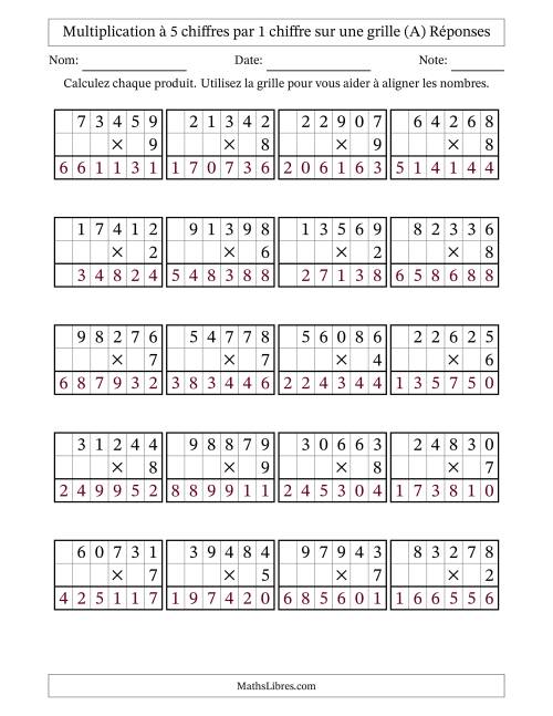 Multiplication à 5 chiffres par 1 chiffre avec le support d'une grille (A) page 2