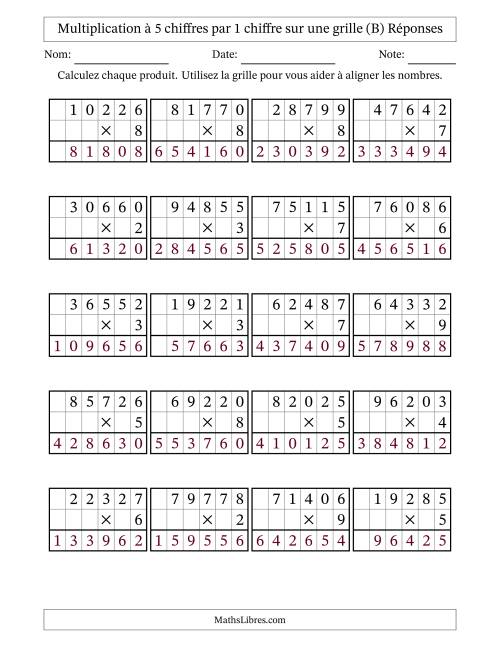 Multiplication à 5 chiffres par 1 chiffre avec le support d'une grille (B) page 2