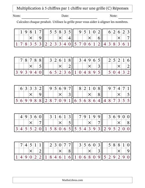 Multiplication à 5 chiffres par 1 chiffre avec le support d'une grille (C) page 2