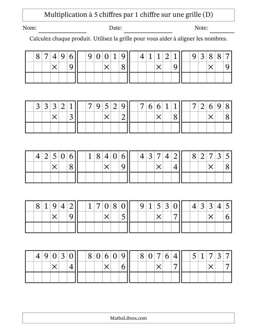 Multiplication à 5 chiffres par 1 chiffre avec le support d'une grille (D)