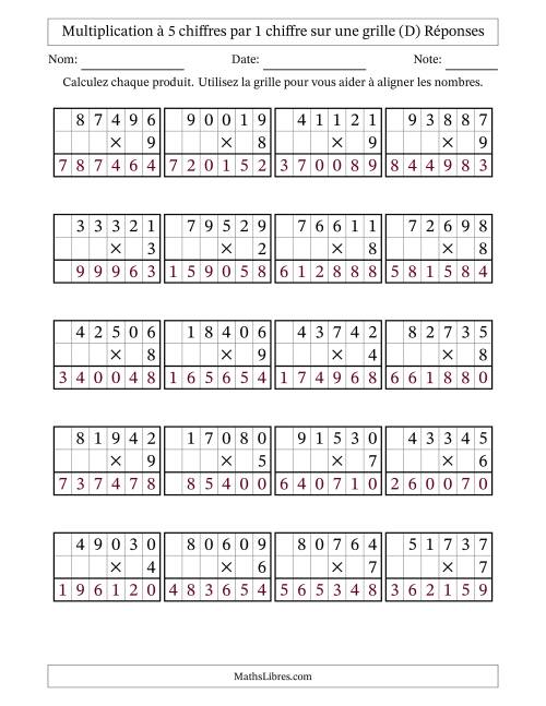 Multiplication à 5 chiffres par 1 chiffre avec le support d'une grille (D) page 2