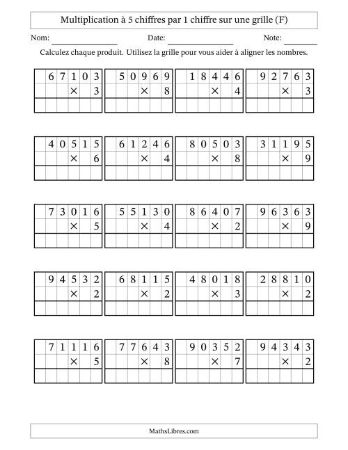 Multiplication à 5 chiffres par 1 chiffre avec le support d'une grille (F)