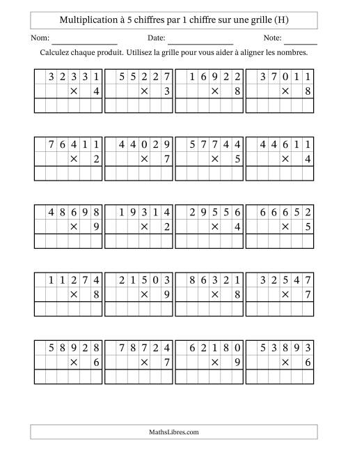 Multiplication à 5 chiffres par 1 chiffre avec le support d'une grille (H)