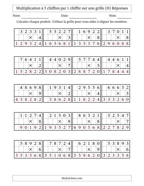 Multiplication à 5 chiffres par 1 chiffre avec le support d'une grille (H) page 2