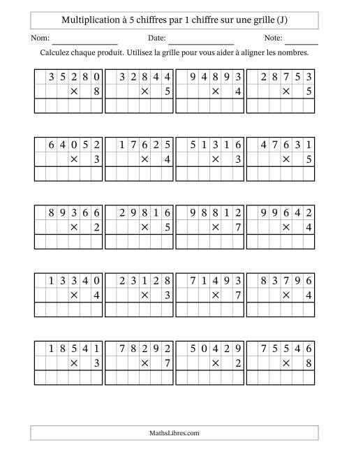 Multiplication à 5 chiffres par 1 chiffre avec le support d'une grille (J)