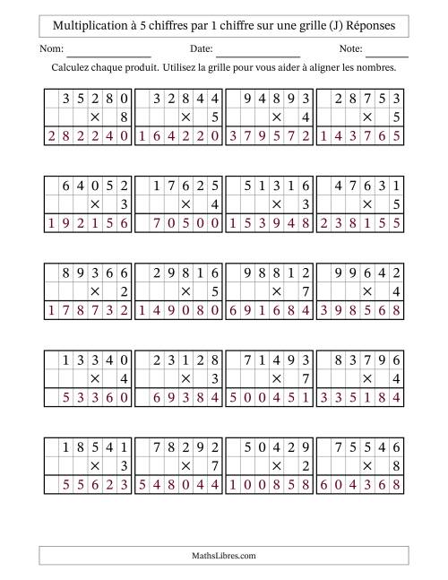 Multiplication à 5 chiffres par 1 chiffre avec le support d'une grille (J) page 2