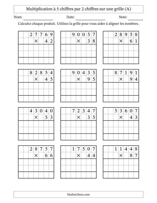Multiplication à 5 chiffres par 2 chiffres avec le support d'une grille (A)