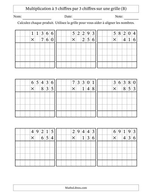 Multiplication à 5 chiffres par 3 chiffres avec le support d'une grille (B)