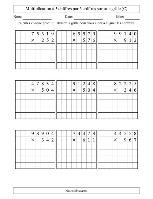 Multiplication à 5 chiffres par 3 chiffres avec le support d'une grille (C)
