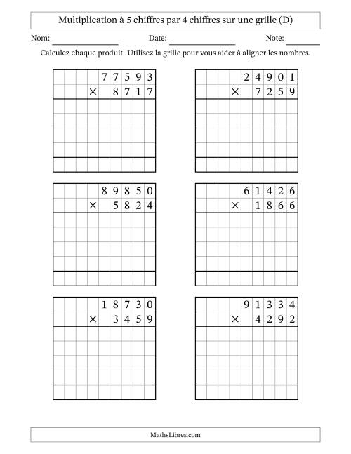 Multiplication à 5 chiffres par 4 chiffres avec le support d'une grille (D)