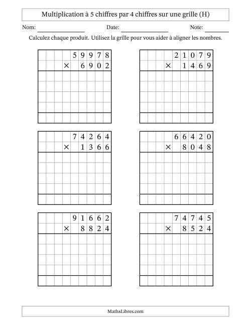 Multiplication à 5 chiffres par 4 chiffres avec le support d'une grille (H)