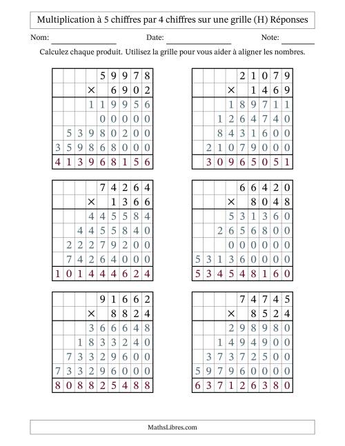 Multiplication à 5 chiffres par 4 chiffres avec le support d'une grille (H) page 2