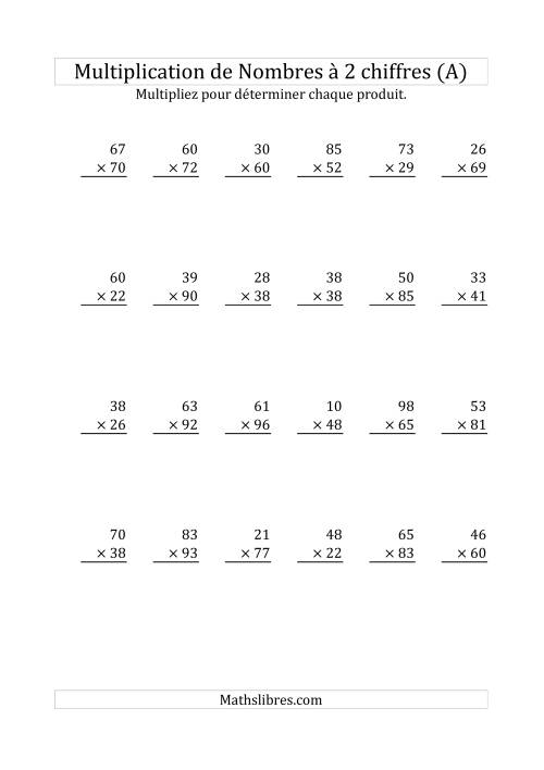 Multiplication de Nombres à 2 Chiffres par des Nombres à 2 Chiffres (A)