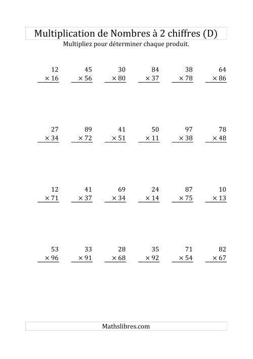 Multiplication de Nombres à 2 Chiffres par des Nombres à 2 Chiffres (D)
