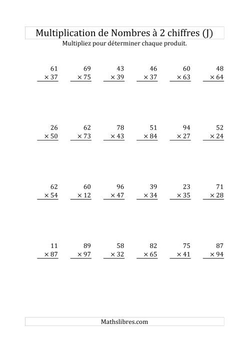 Multiplication de Nombres à 2 Chiffres par des Nombres à 2 Chiffres (J)