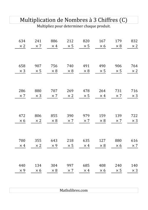 Multiplication de Nombres à 3 Chiffres par des Nombres à 1 Chiffre (C)