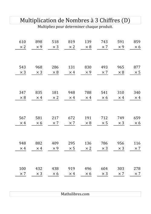 Multiplication de Nombres à 3 Chiffres par des Nombres à 1 Chiffre (D)