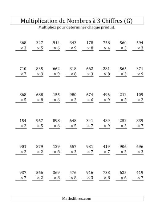 Multiplication de Nombres à 3 Chiffres par des Nombres à 1 Chiffre (G)