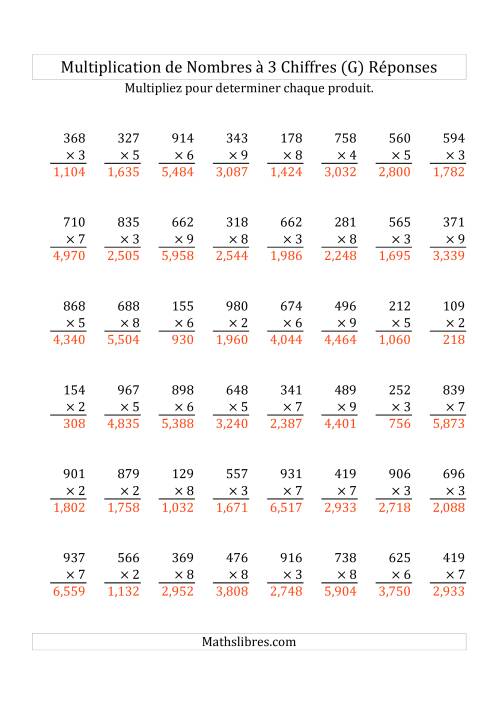 Multiplication de Nombres à 3 Chiffres par des Nombres à 1 Chiffre (G) page 2