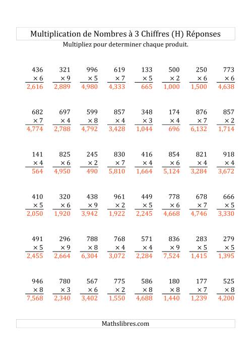 Multiplication de Nombres à 3 Chiffres par des Nombres à 1 Chiffre (H) page 2