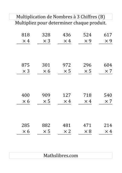 Multiplication de Nombres à 3 Chiffres par des Nombres à 1 Chiffre (Gros Caractère) (B)