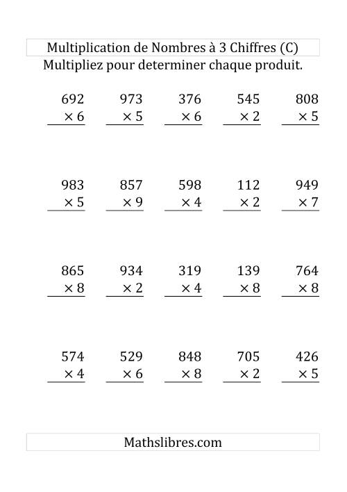 Multiplication de Nombres à 3 Chiffres par des Nombres à 1 Chiffre (Gros Caractère) (C)