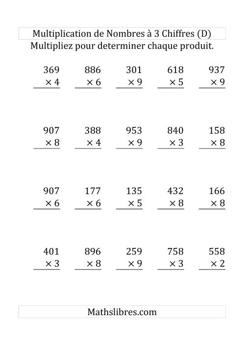 Multiplication de Nombres à 3 Chiffres par des Nombres à 1 Chiffre (Gros Caractère) (D)