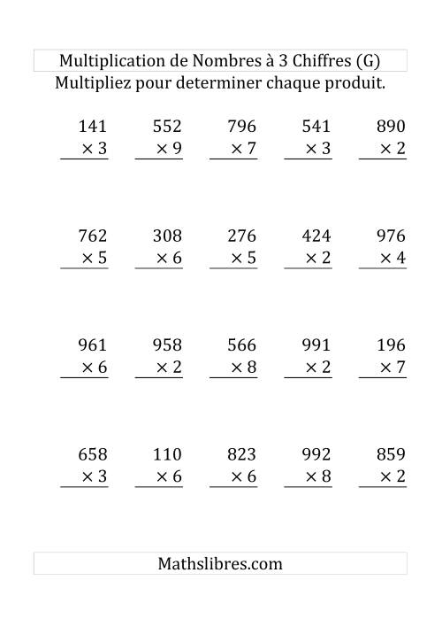 Multiplication de Nombres à 3 Chiffres par des Nombres à 1 Chiffre (Gros Caractère) (G)