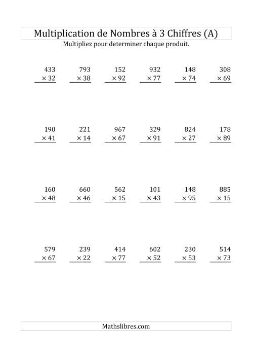 Multiplication de Nombres à 3 Chiffres par des Nombres à 2 Chiffres (A)