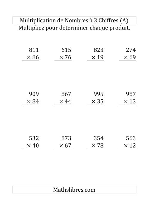 Multiplication de Nombres à 3 Chiffres par des Nombres à 2 Chiffres (Gros Caractère) (A)