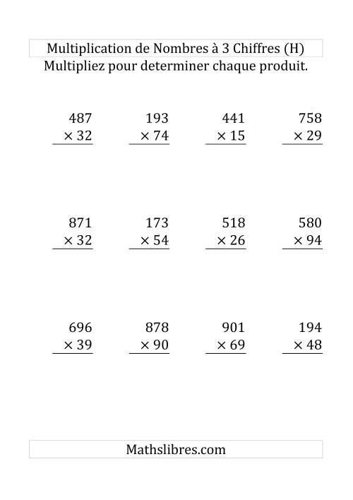 Multiplication de Nombres à 3 Chiffres par des Nombres à 2 Chiffres (Gros Caractère) (H)