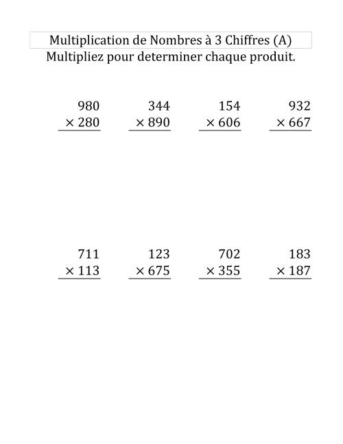 Multiplication de Nombres à 3 Chiffres par des Nombres à 3 Chiffres (Gros Caractère) (A)
