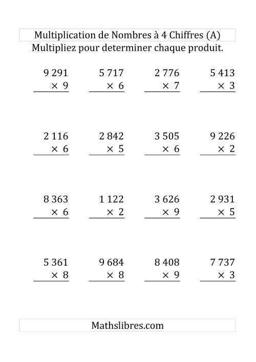 Multiplication de Nombres à 4 Chiffres par des Nombres à 1 Chiffre (Gros Caractère) (A)