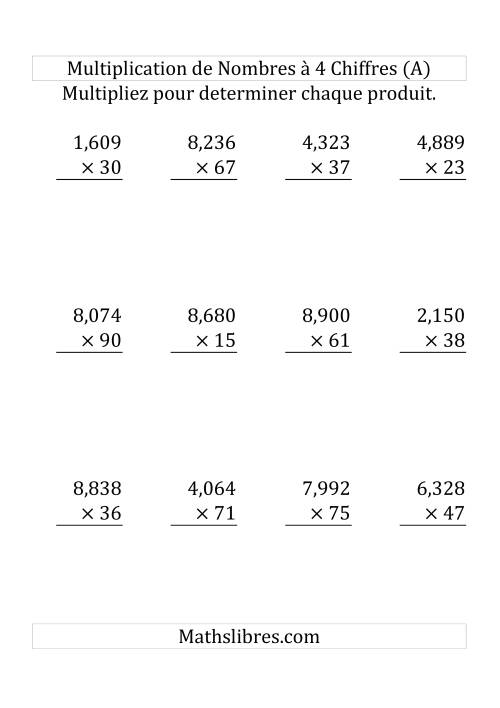 Multiplication de Nombres à 4 Chiffres par des Nombres à 2 Chiffres (Gros Caractère) (A)