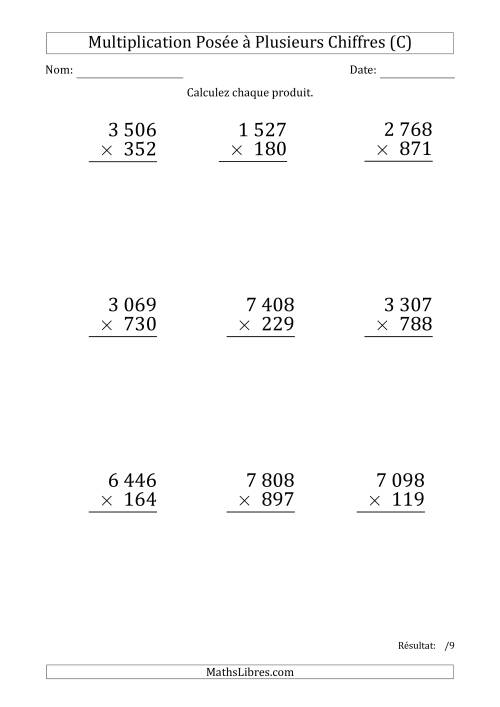 Multiplication d'un Nombre à 4 Chiffres par un Nombre à 3 Chiffres (Gros Caractère) avec une Espace comme Séparateur de Milliers (C)