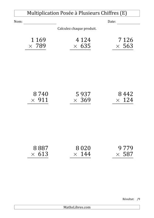 Multiplication d'un Nombre à 4 Chiffres par un Nombre à 3 Chiffres (Gros Caractère) avec une Espace comme Séparateur de Milliers (E)